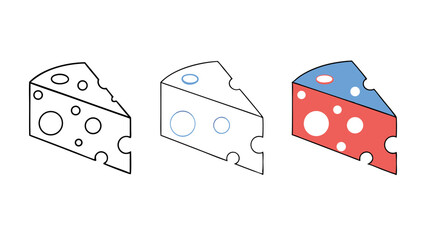 Cheese Wedge Illustrations Line Art, Color Variations
