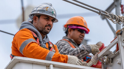 power line maintenance indian workers on elevated platforms, working on high-tension lines under a cloudy sky, with safety gear and tools in hand.