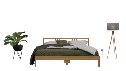 a bed with a green blanket and a plant