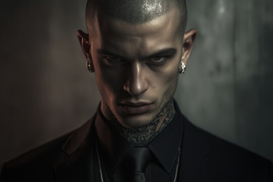 sharply dressed man in an all-black suit stares intensely at the viewer. His shaved head, tattoos, and diamond earrings contrast his formal attire.  