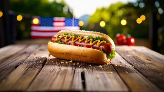 Appetizing hot dog in sesame bun topped with mustard, lettuce, and tomatoes on a rustic wooden surface with an unfocused national flag in the background.