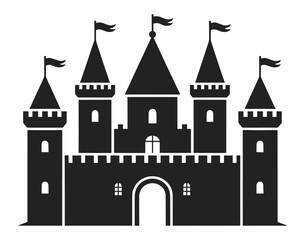Silhouette of simple fairytale castle with towers, battlements, and flags, vector illustration. Symmetrical medieval fortress design featuring central arched gate.