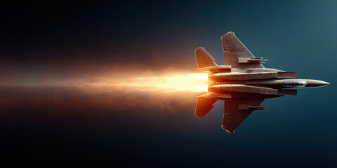 Eagle fighter jet flying at high speed during early dawn, glowing afterburner trail with subtle heat distortion,