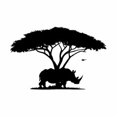 Epic 8K Detailed Silhouette of a Rhinoceros Standing Under a Large Acacia Tree: Realistic Wildlife Portrait with Cinematic Lighting, Dramatic Contrast, and Intricate Textures in a Majestic Landscape