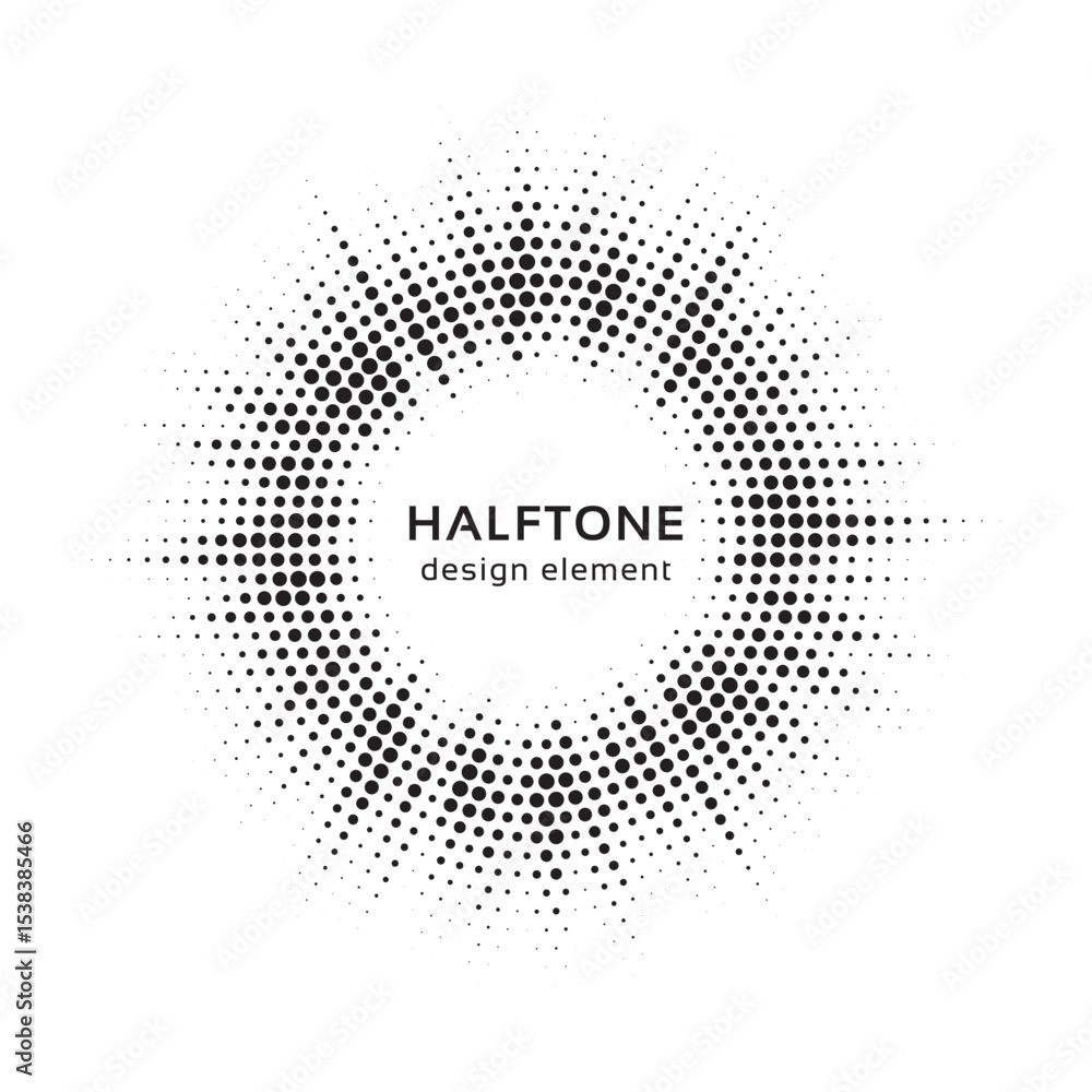 Poster Halftone circle frame background. Round border Icon using halftone random circle. Grunge circular stain. Vector illustration.	