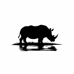Minimalist Black and White Digital Art of a Rhinoceros Silhouette Standing in Water: A Natural Landscape Depiction of an Endangered Wild Animal