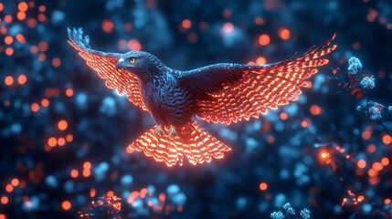 A majestic hawk in flight, wings ablaze with glowing orange patterns, against a backdrop of vibrant blue and orange bokeh