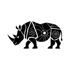Abstract Geometric Rhinoceros in Low Poly Style: Minimalist Black and White Digital Art Featuring Intricate Symmetrical Patterns