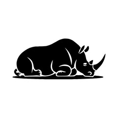 A Peaceful Slumber: Minimalist Black and White Silhouette Illustration of a Sleeping Rhinoceros in a Serene Nature Landscape