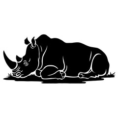 Silent Slumber: A High-Contrast Silhouette of a Sleeping Rhinoceros in Minimalist Line Art