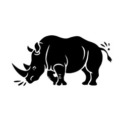 Horned Elegance: A Minimalist Black and White Silhouette of a Rhinoceros in a Striking Wildlife Pose