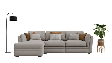 a couch with a chaise and a lamp