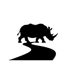Path of the Titan: A Minimalist Black and White Silhouette of a Rhinoceros Walking in Digital Art