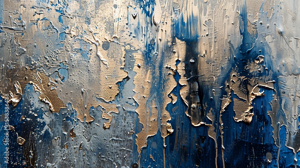 Poster abstract painting with a rough texture and a blue and gold color scheme.