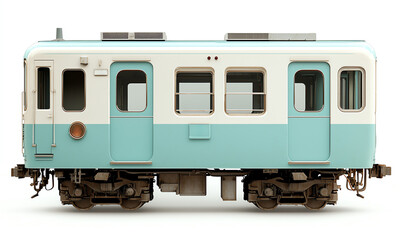 Light blue train modern passenger carriage isolated on white background full body side view urban transportation clean minimal metal window door cheerful