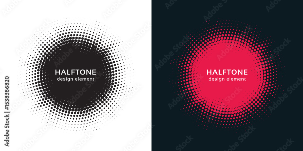 Poster Halftone circle frame background set. Round border Icon using halftone random circle. Grunge circular stain. Vector illustration.