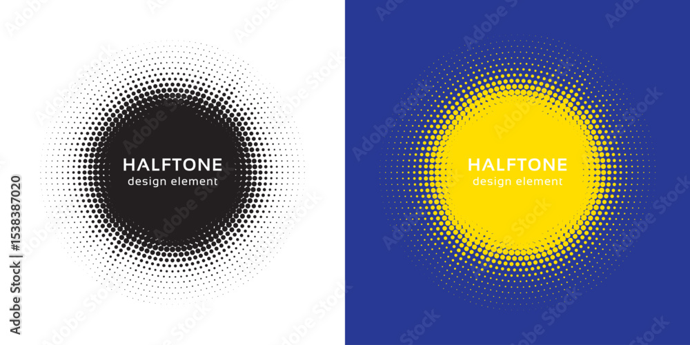 Aufkleber Set of black halftone grunge circle. Vector modern dots halftone arts. Halftone circle frame background set. Round border Icon using halftone random circle. Grunge circular stain. Vector illustration.