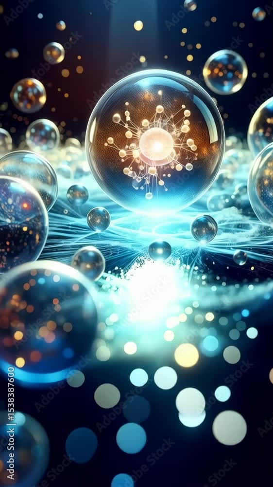 Poster glowing orbs of energy with atom core and sparkling lights floating over an abstract luminous surfac