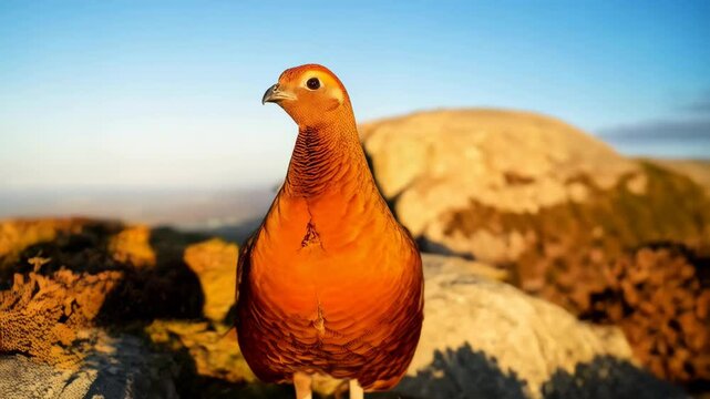 Proud Red Grouse bird looking at the camera with a scenic landscape and sunrise background