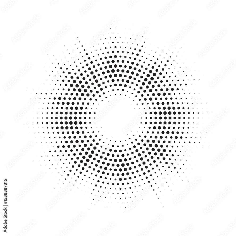 Poster Halftone circle frame background. Round border Icon using halftone random circle. Grunge circular stain. Vector illustration.	