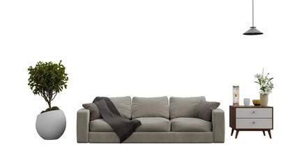 a couch and a table with a plant in it