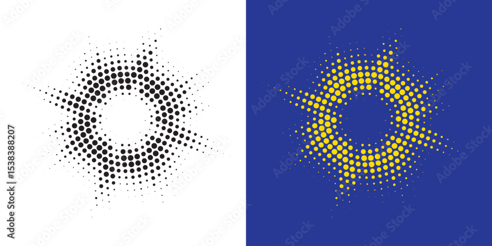 Aufkleber Set of black halftone grunge circle. Vector modern dots halftone arts. Halftone circle frame background set. Round border Icon using halftone random circle. Grunge circular stain. Vector illustration.