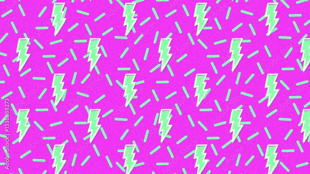 Poster looping abstract pattern shifting on screen with green lightning bolts, sprinkles, concentric arcs