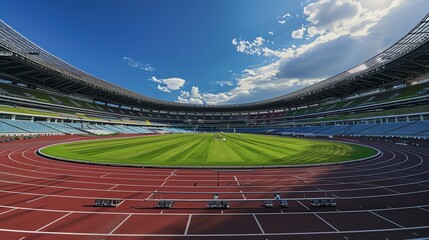 Amazing view of a large modern empty stadium. Green field with running tracks and blue sky with clouds.