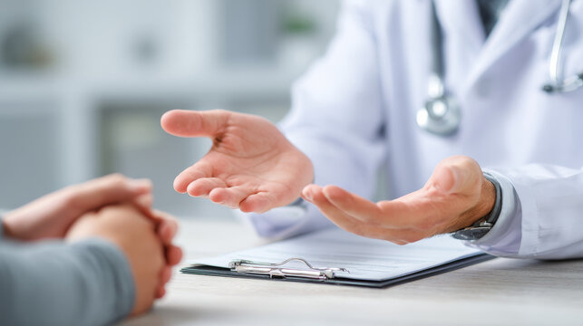 Medical professional&acirc;&euro;&trade;s hands during a patient consultation, representing healthcare interaction