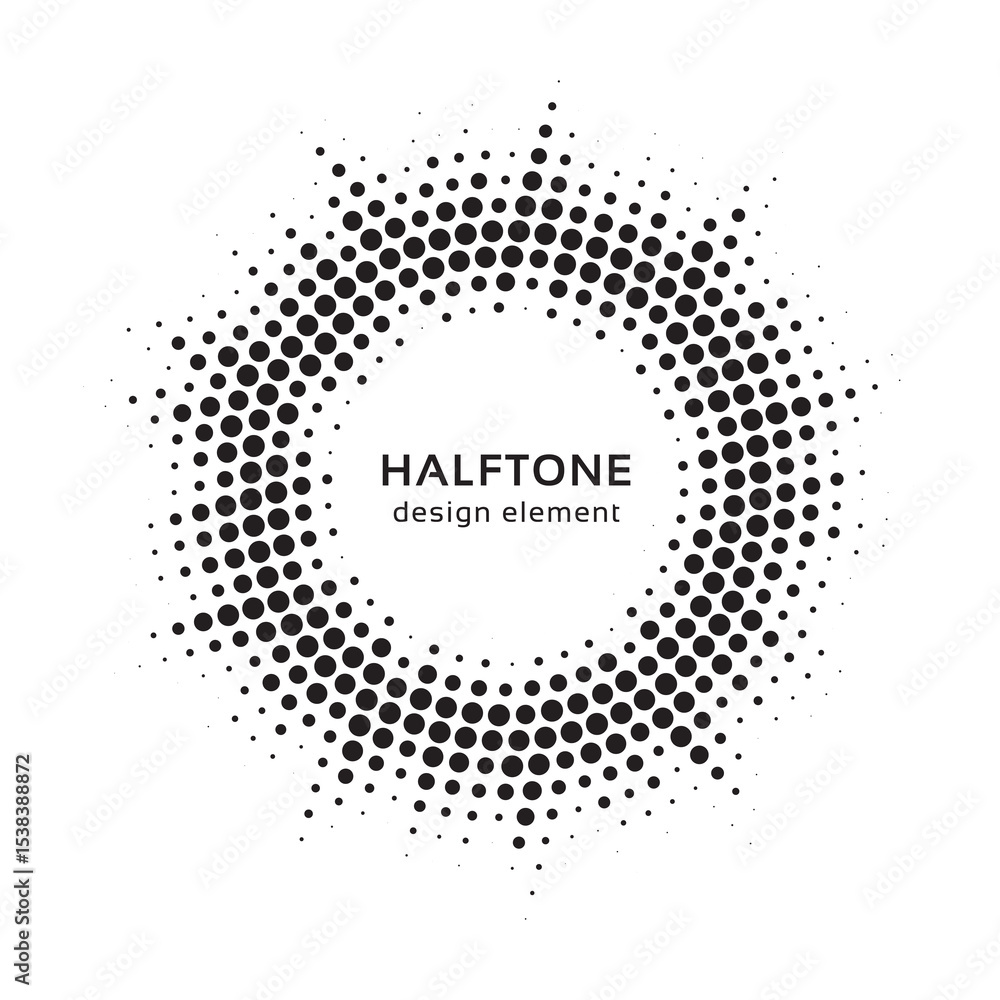 Poster Halftone circle frame background. Round border Icon using halftone random circle. Grunge circular stain. Vector illustration.	
