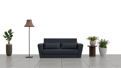 a living room with a couch  lamp and potted plants