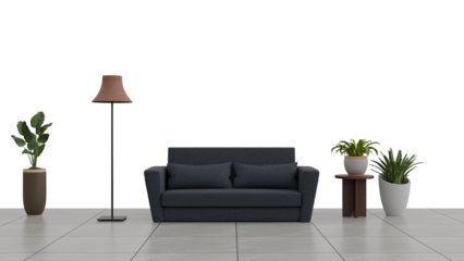 a living room with a couch  lamp and potted plants