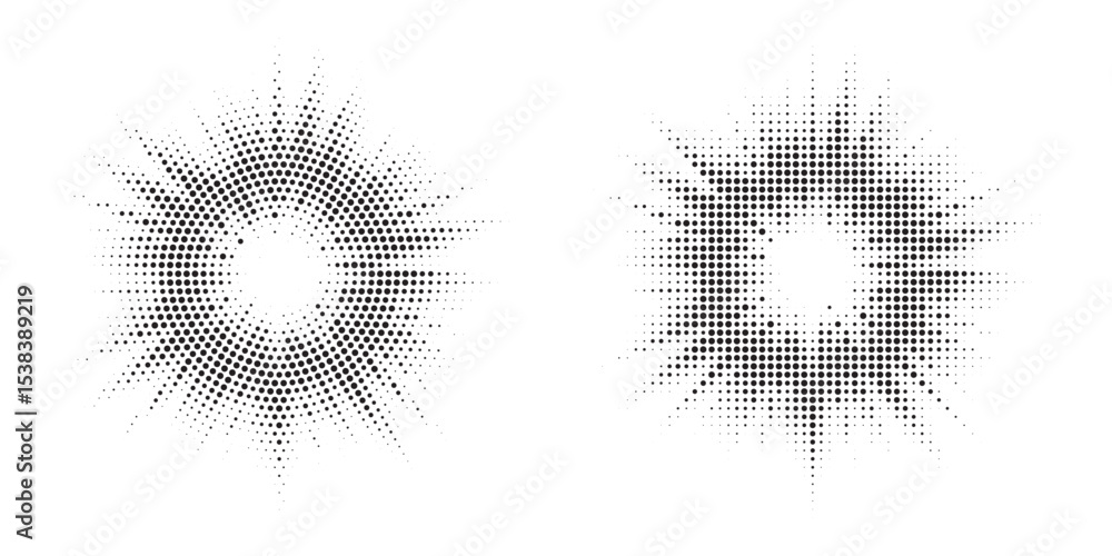 Poster Halftone circle frame background set. Round border Icon using halftone random circle. Grunge circular stain. Vector illustration.