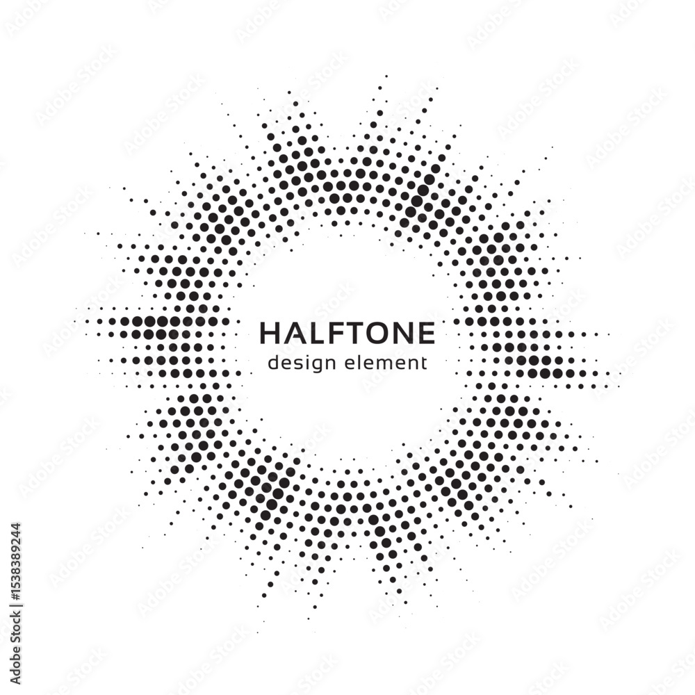 Aufkleber Halftone circle frame background. Round border Icon using halftone random circle. Grunge circular stain. Vector illustration.	