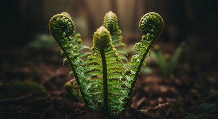 Fern fiddleheads growing in forest, spring growth, nature photography, green plants, forest floor closeup