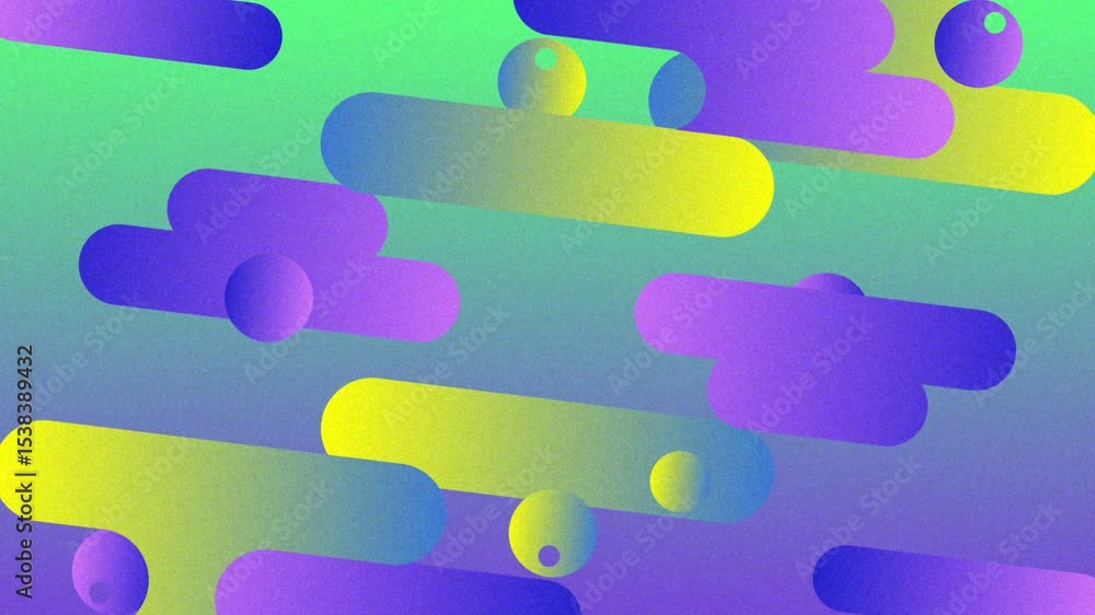 Poster starting from bright blue canvas, gradient bars and spheres drifting clustering shifting dispersing