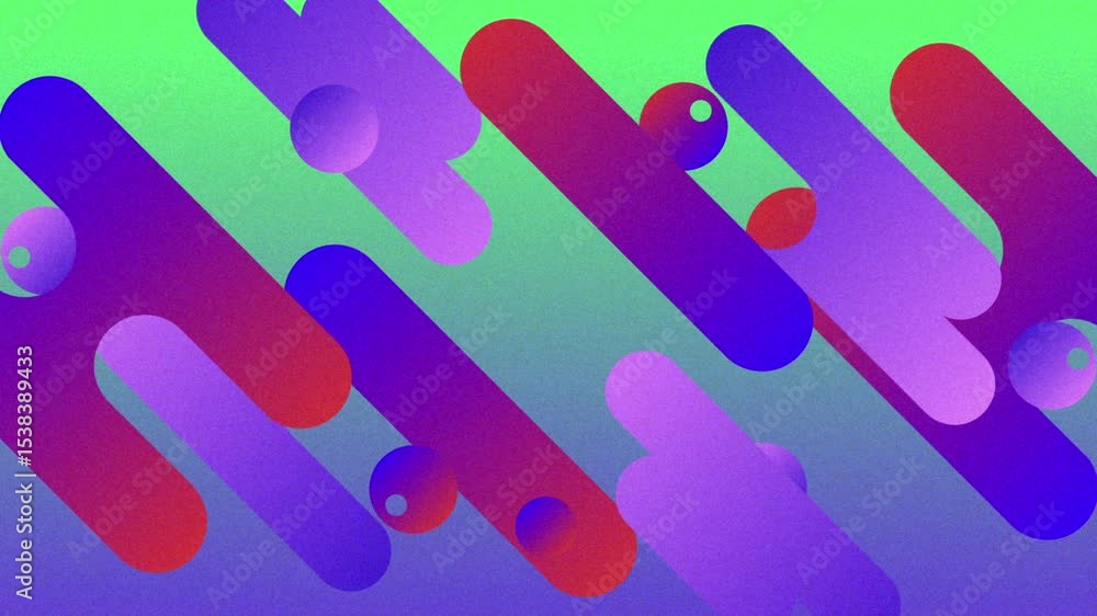 Aufkleber sliding rounded bars and spheres down and right at one second mark across gradient, forming cluster