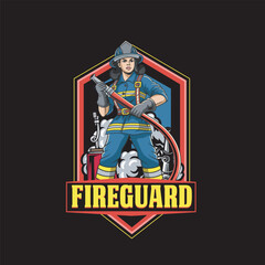 Vector Illustration of Woman Firefighter Carrying Fire Hose with Detailed Illustration Available for Logo Badge