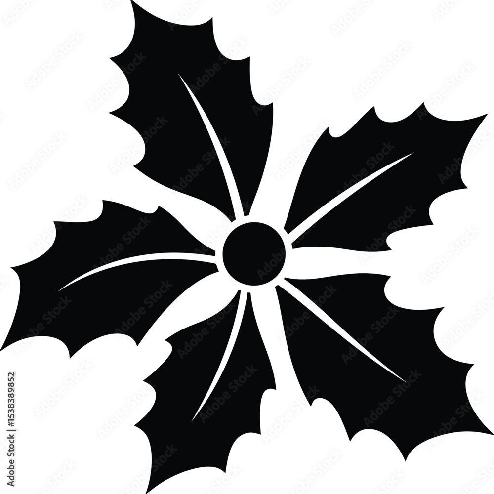 Poster a stylized black holly leaf design with sharp points and a central circular detail on white backgrou