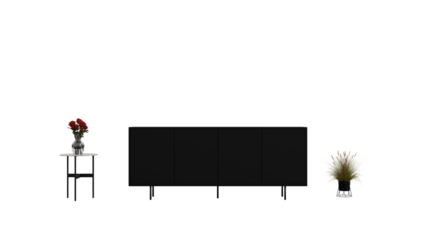 a black cabinet with a vase of flowers on it