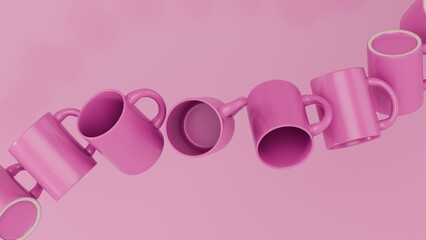 Floating Row of Pink Mugs on Monochrome Background