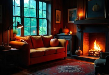 A cozy autumnal scene a living room with a fireplace, a window, a comfortable couch, bathed in warm, A fireplace with burning fire, drawing attention with its warm glow pumpkin on sofa