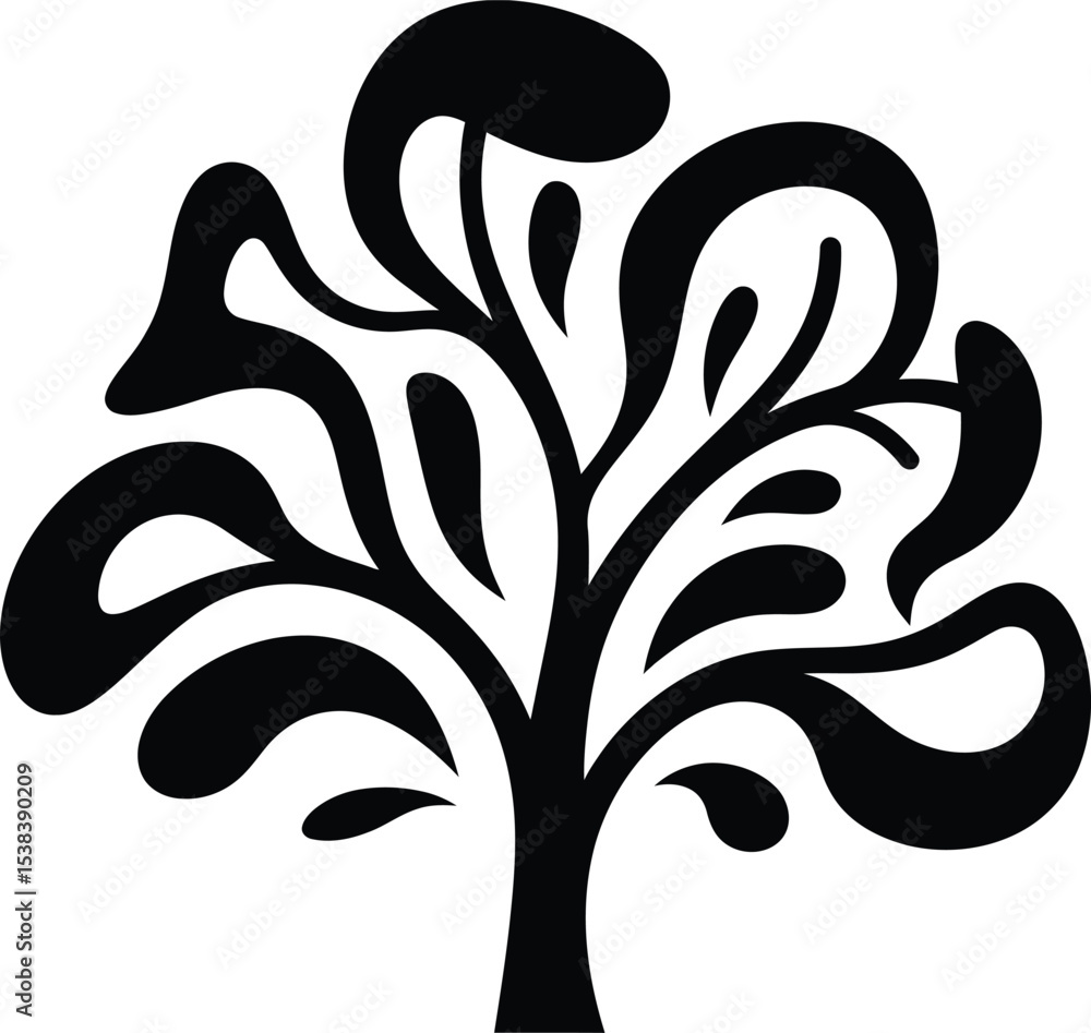 Poster a stylized black and white tree illustration with abstract leaves and a simple trunk design element 