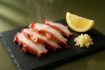 Freshly sliced octopus sashimi served on slate with lemon wedge and minced ginger against a minimalist green background