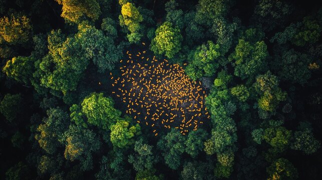 Abstract background with bright orange elements surrounded by greenery. Applicable in design to create visually appealing backgrounds.