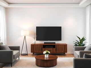 Modern Living Room Interior Mockup with TV Cabinet, Lamp, Table, and Indoor Plants