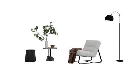 a white chair and a table with a plant