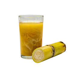 A glass of sugarcane juice with a piece of sugarcane on the surface on transparent background