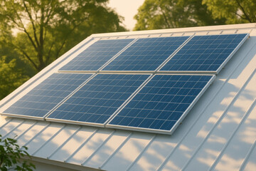 Modern solar panels installed on a sunny residential metal roof surrounded by lush green trees for sustainable clean energy