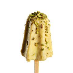 Close up of a pistachio kulfi on a stick against a plain setting on transparent background